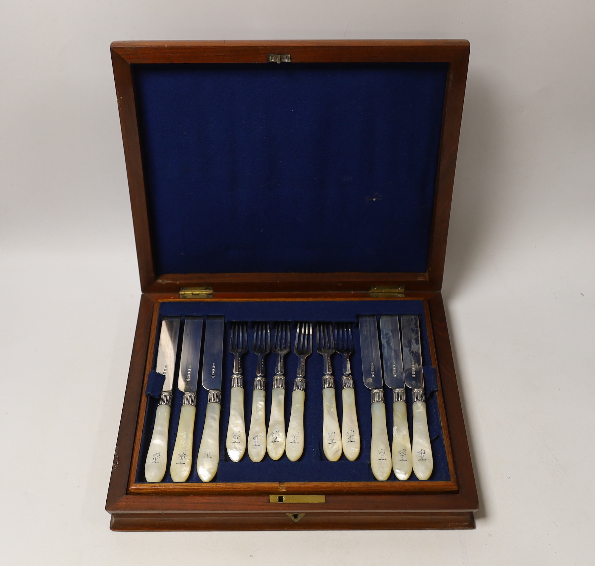 A cased set of twelve pairs of Victorian mother of pearl handled silver dessert eaters, Thomas Hayes, Birmingham, 1859.